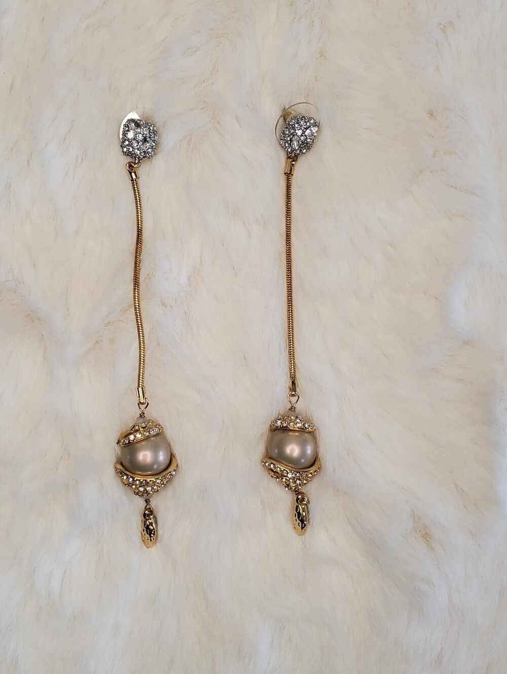 Alexis Bittar Gold Drop Pearl & Crystal Long Earrings - Elegant Gold Tone